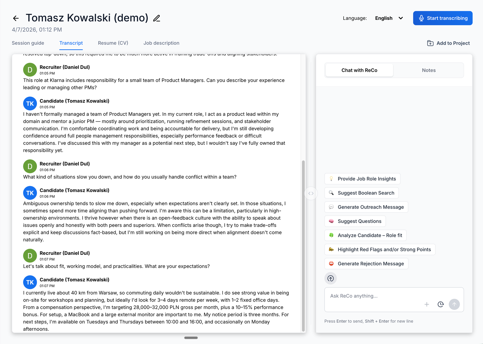 Interview transcript and consultant workflow in ReCo