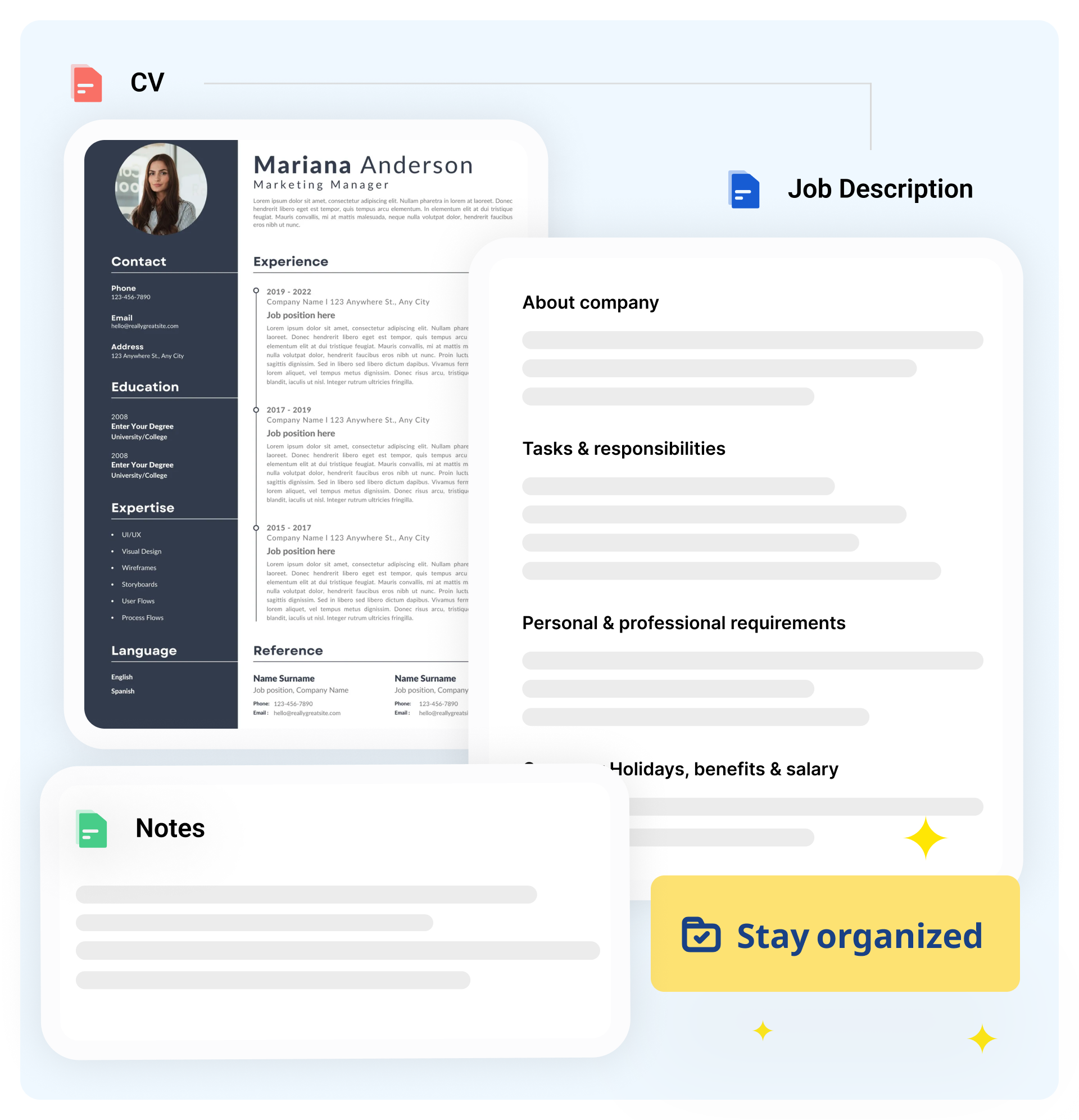 ReCo workspace interface showing a candidate’s CV, job description, and interview notes displayed together in one organized view, with a 'Stay organized' label.