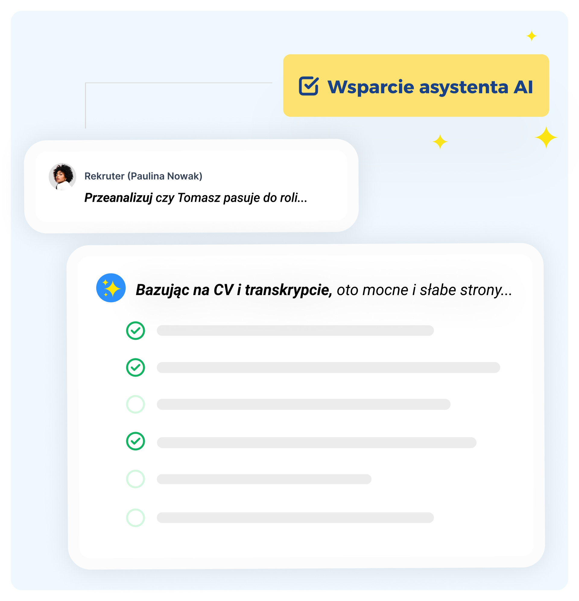 Interfejs czatu pokazujący wsparcie asystenta AI, który ocenia dopasowanie Tomasza do roli na podstawie CV i transkryptu, z wypunktowanymi mocnymi i słabymi stronami.