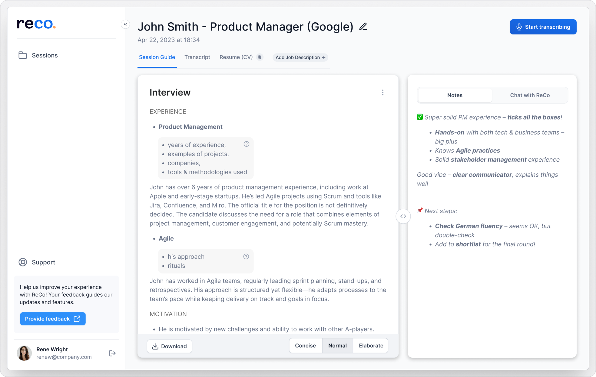 Screenshot of a report generation feature in ReCo